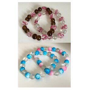 Handmade Glass Bracelets Round Flower Beads Blue Clear Pink Brown, 5.75 to 6.5''